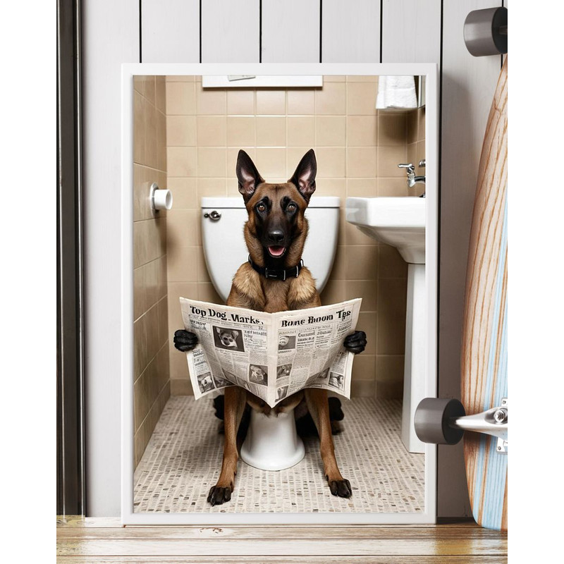 Belgian Shepherd Sitting On The Toilet And Reading NewspaperFun And Quirky Animal Prints 4