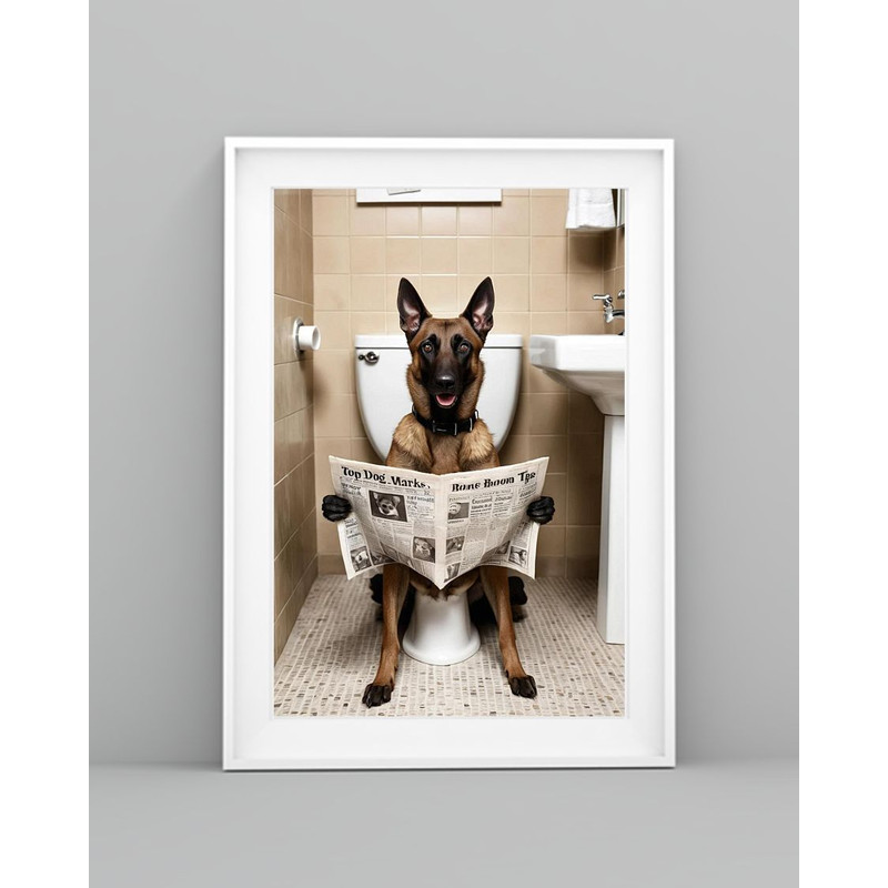 Belgian Shepherd Sitting On The Toilet And Reading NewspaperFun And Quirky Animal Prints 5