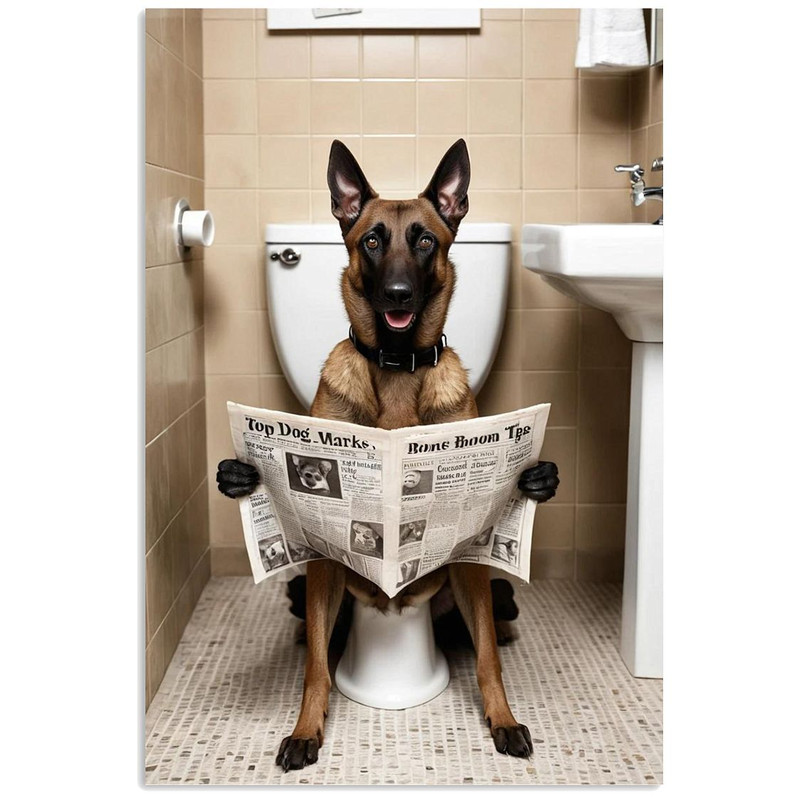 Belgian Shepherd Sitting On The Toilet And Reading NewspaperFun And Quirky Animal Prints 1