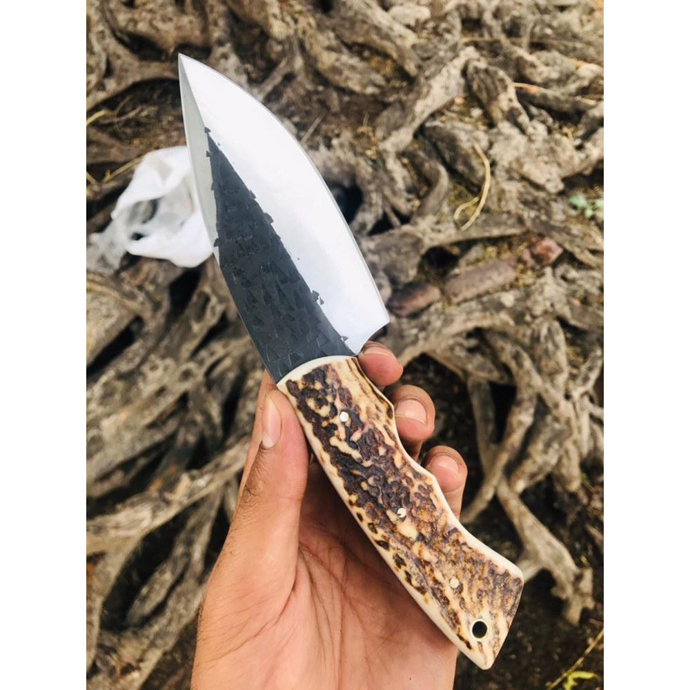 Customer Handmade D2 Tool Steel EDC Camping Hunting Skinner Knife In Deer Stag Horn Handle With Lea 0