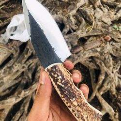 customer handmade d-2 tool steel edc camping hunting skinner knife in deer stag horn handle with leather sheath.