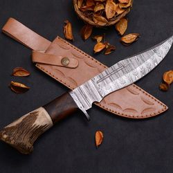 custom handmade forged damascus steel edc hunting bowie knife, crown stag horn handle, comes with leather sheath.