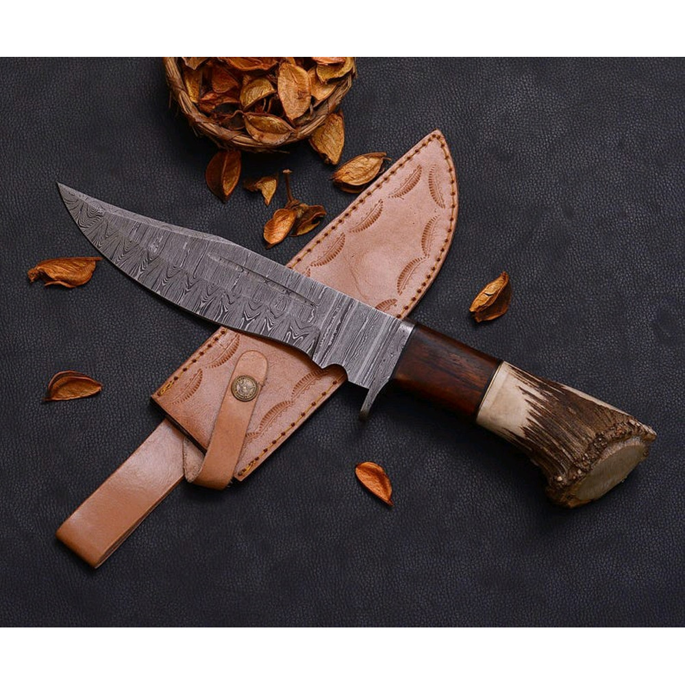 Custom Handmade Forged Damascus Steel EDC Hunting Bowie Knife Crown Stag Horn Handle Comes With Lea 1
