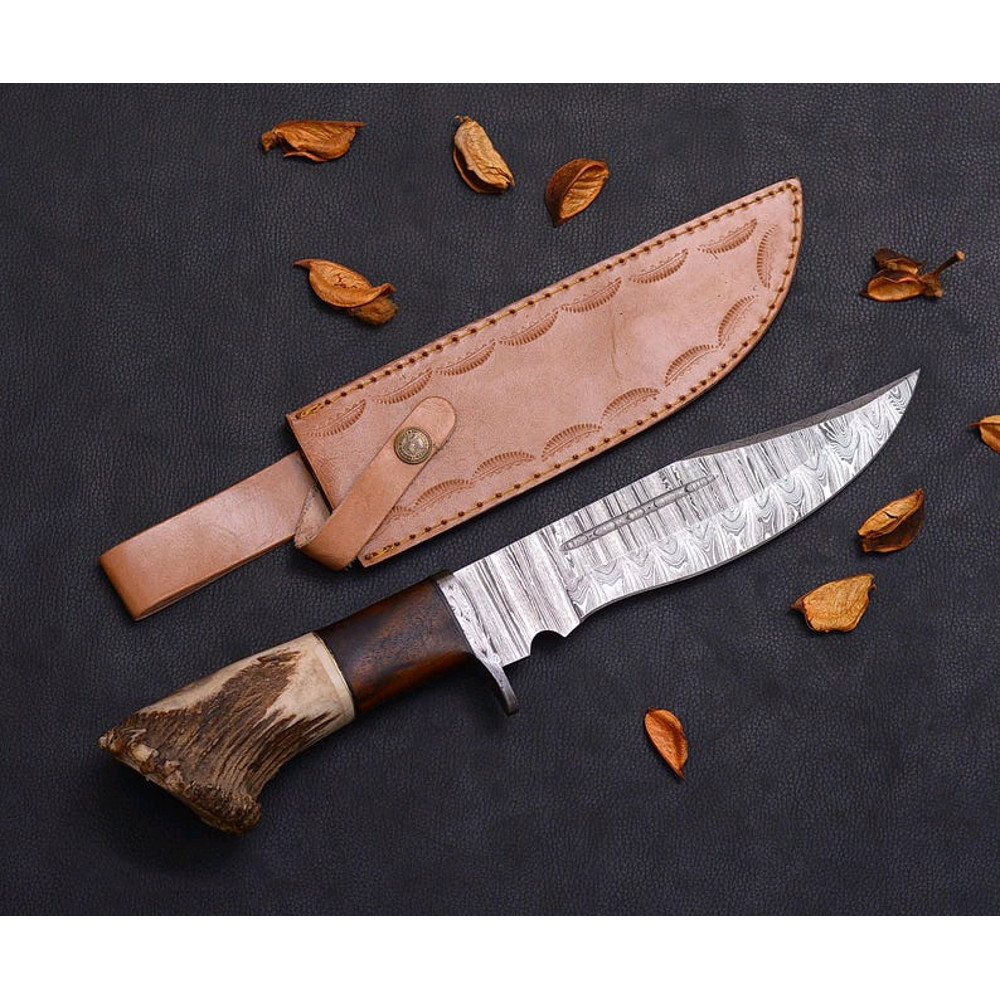 Custom Handmade Forged Damascus Steel EDC Hunting Bowie Knife Crown Stag Horn Handle Comes With Lea 2
