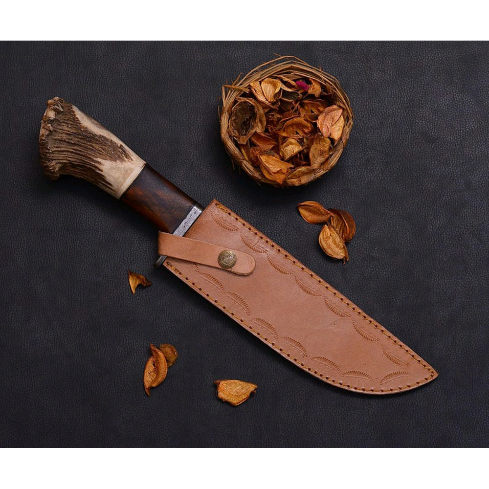 Custom Handmade Forged Damascus Steel EDC Hunting Bowie Knife Crown Stag Horn Handle Comes With Lea 5