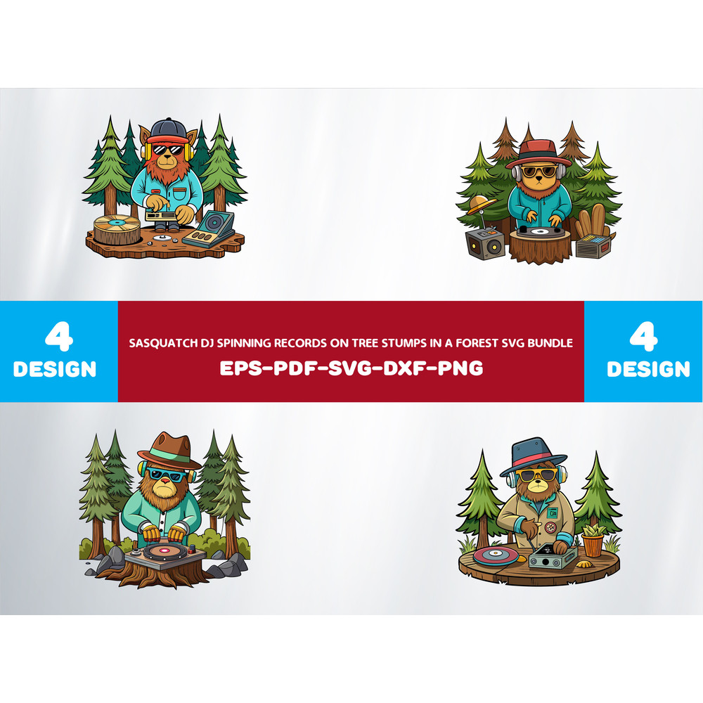 Sasquatch DJ Spinning Records On Tree Stumps In A Forest 0