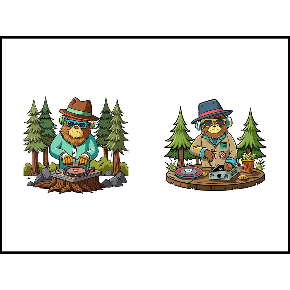 Sasquatch DJ Spinning Records On Tree Stumps In A Forest 1