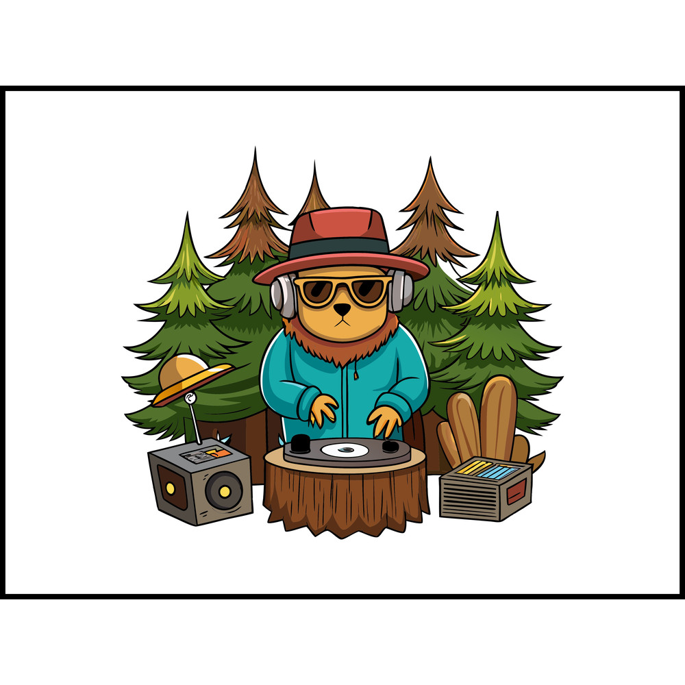 Sasquatch DJ Spinning Records On Tree Stumps In A Forest 2