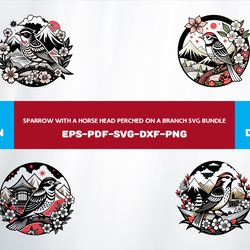 sparrow with a horse head perched on a branch