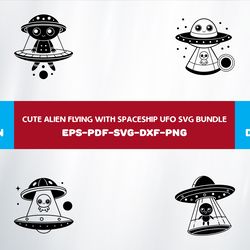 cute alien flying with spaceship ufo