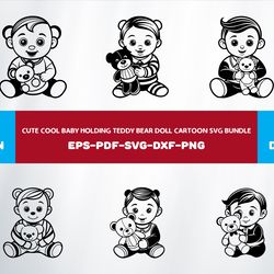 cute cool baby holding teddy bear doll cartoon