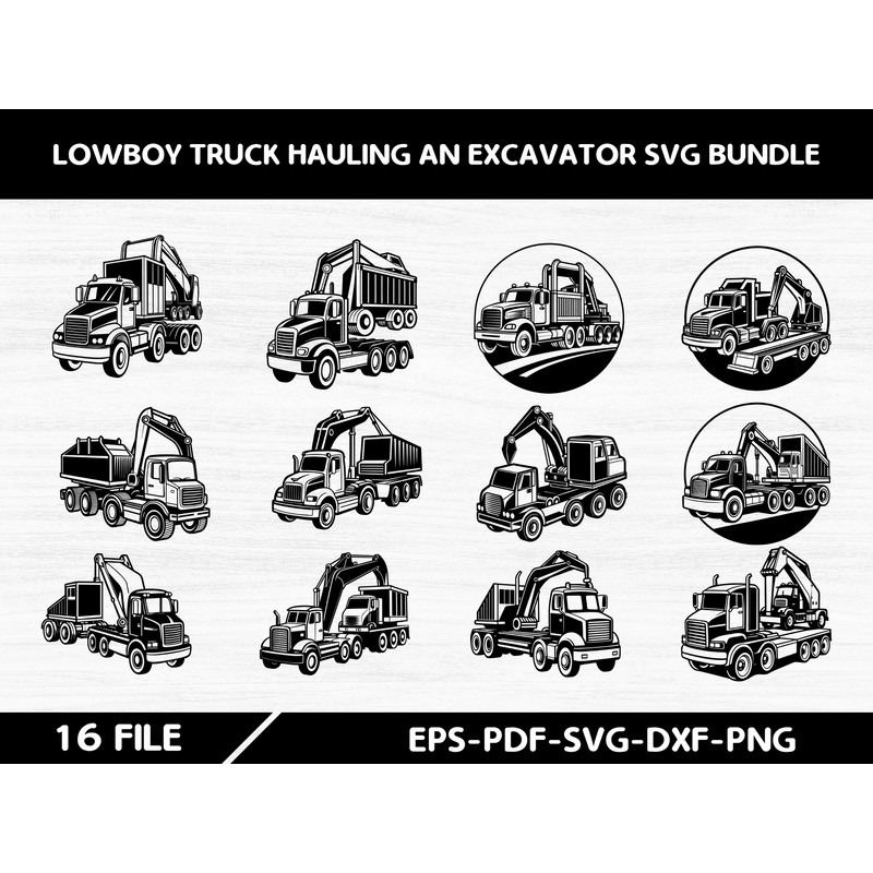 Lowboy Truck Hauling An Excavator Svg Bundle 0