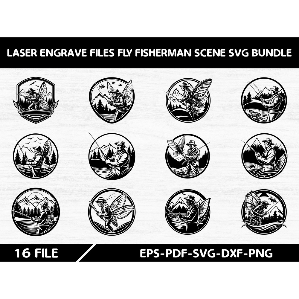 Laser Engrave Files Fly Fisherman Scene Svg Bundle 0