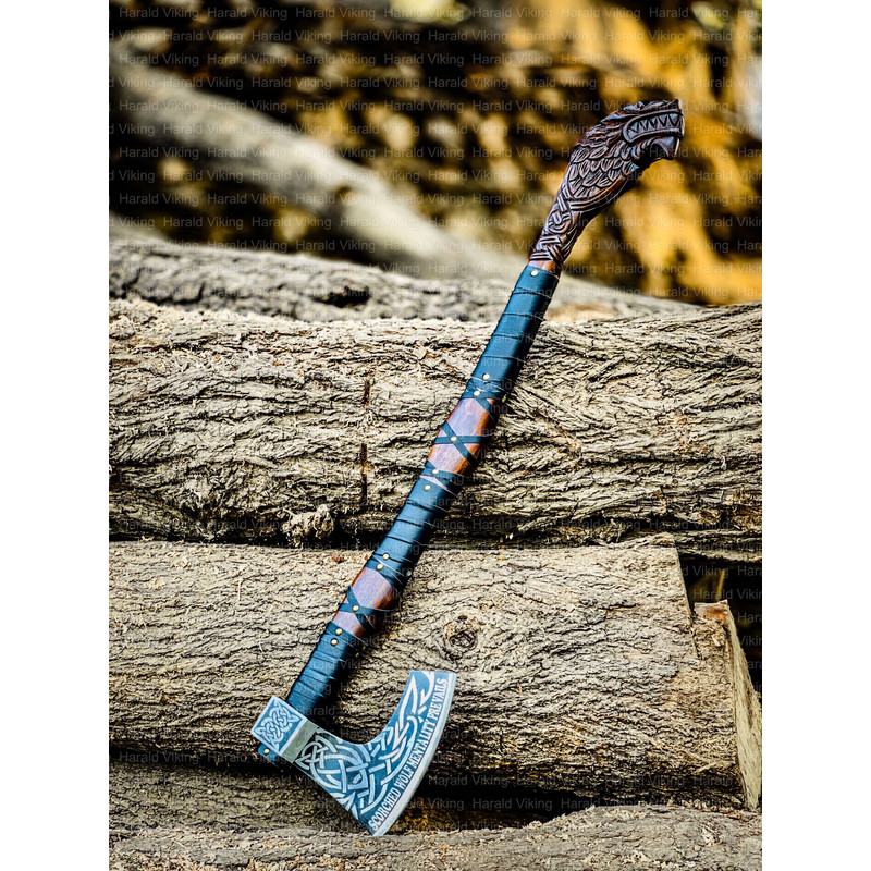 Legendary Norse Wolf Head Engraved Axe Hand Forged Carbon Steel Axe Battle Ready Axe 0