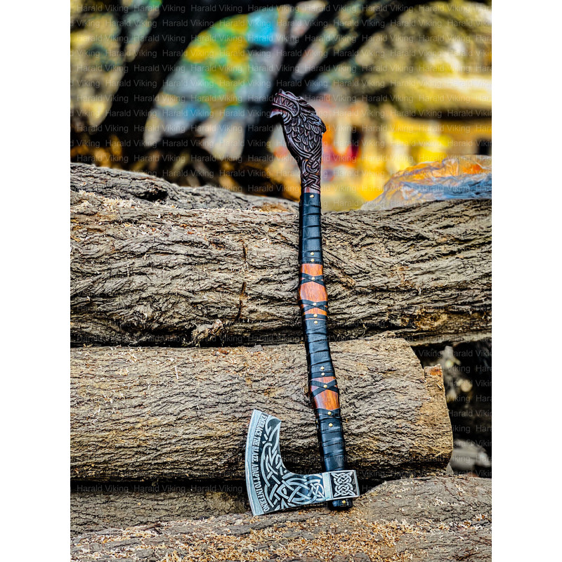 Legendary Norse Wolf Head Engraved Axe Hand Forged Carbon Steel Axe Battle Ready Axe 1