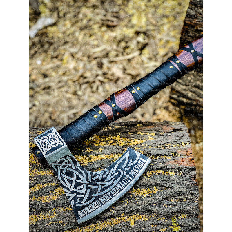 Legendary Norse Wolf Head Engraved Axe Hand Forged Carbon Steel Axe Battle Ready Axe 3