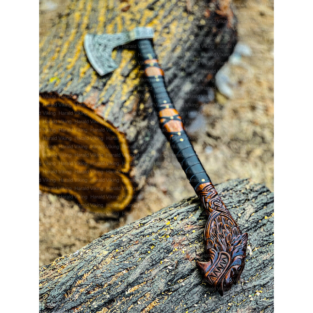 Legendary Norse Wolf Head Engraved Axe Hand Forged Carbon Steel Axe Battle Ready Axe 4