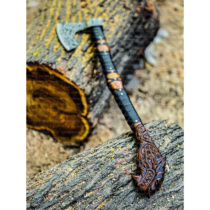 Legendary Norse Wolf Head Engraved Axe Hand Forged Carbon Steel Axe Battle Ready Axe 4