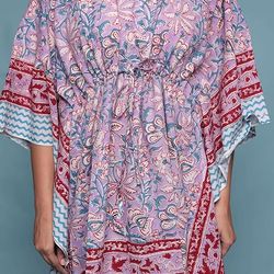 pure cotton women stylish hand block print short kaftan, night wear, loungewear, night dress -01