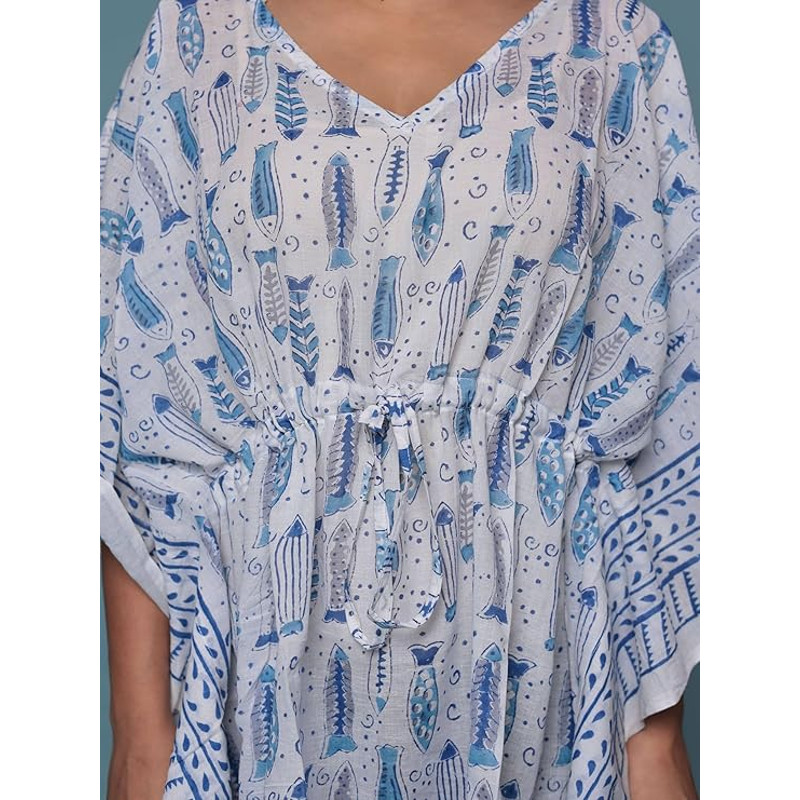 Pure Cotton Women Stylish Hand Block Print Short Kaftan Night Wear Loungewear Night Dress 02 0