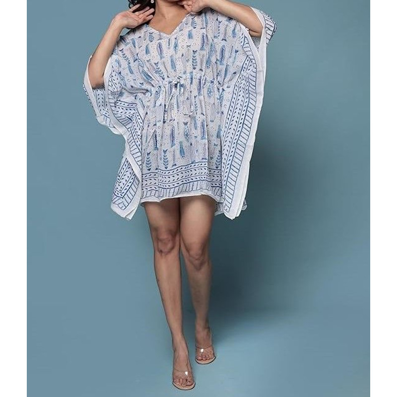 Pure Cotton Women Stylish Hand Block Print Short Kaftan Night Wear Loungewear Night Dress 02 1