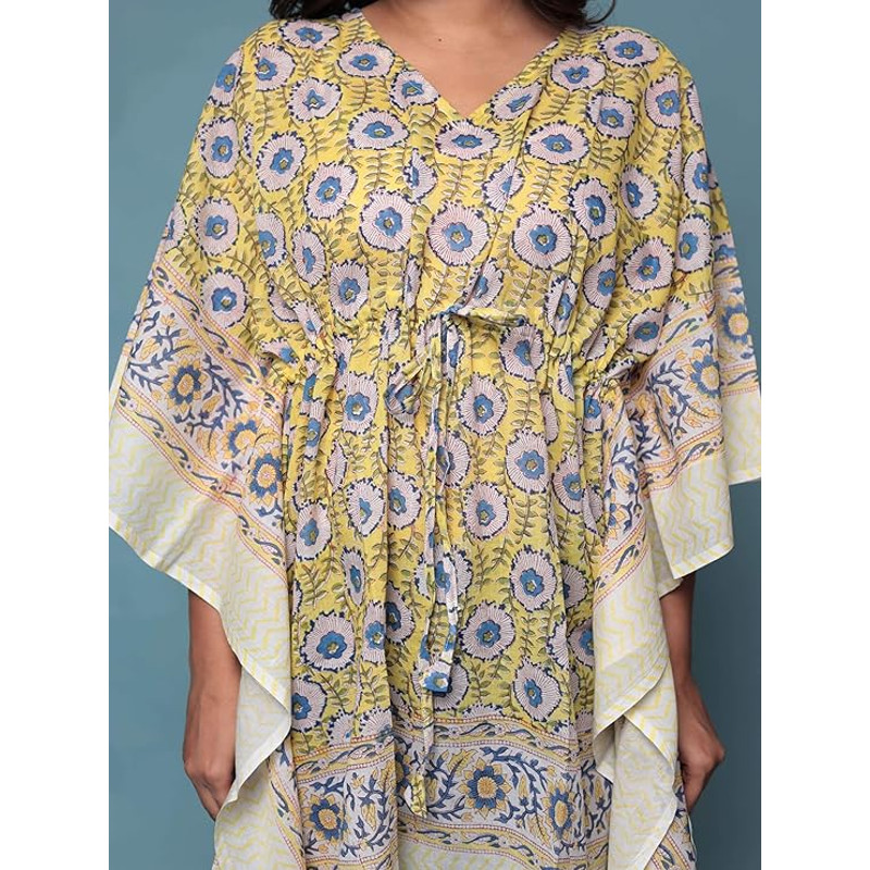 Pure Cotton Women Stylish Hand Block Print Short Kaftan Night Wear Loungewear Night Dress 03 0