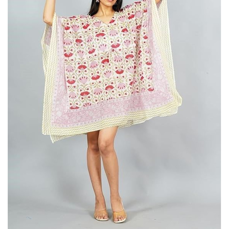 Pure Cotton Women Stylish Hand Block Print Short Kaftan Night Wear Loungewear Night Dress 04 1