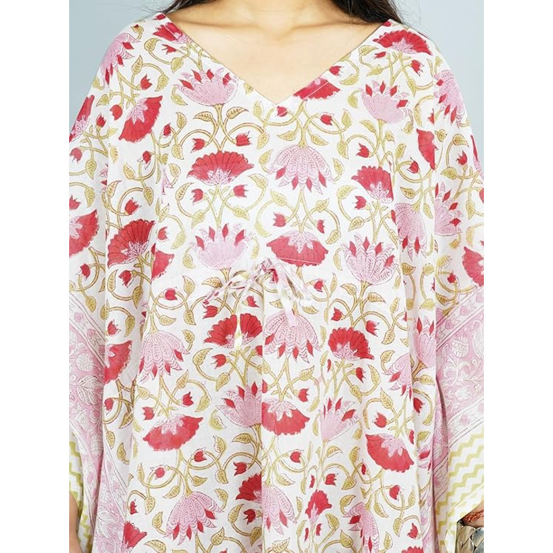 Pure Cotton Women Stylish Hand Block Print Short Kaftan Night Wear Loungewear Night Dress 04 0