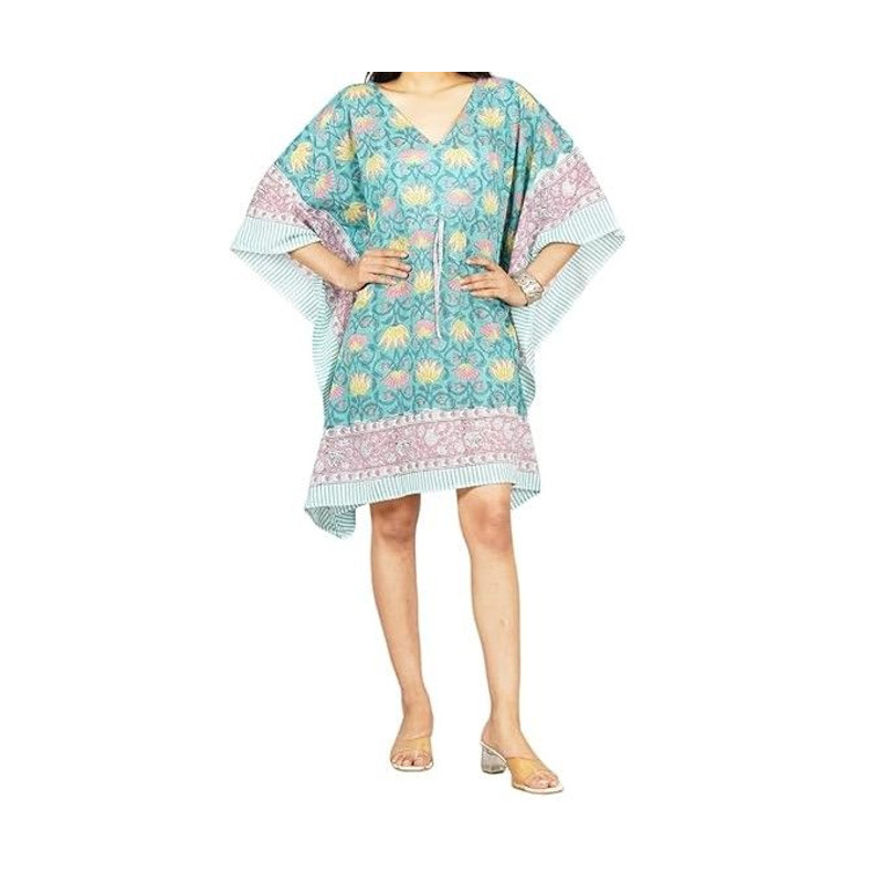 Pure Cotton Women Stylish Hand Block Print Short Kaftan Night Wear Loungewear Night Dress 05 0
