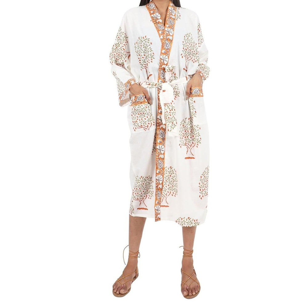 Womens Elegant Hand Block Print Kimono Robe Multifunctional Bathrobe Loungewear Swim CoverUp And Ni 1