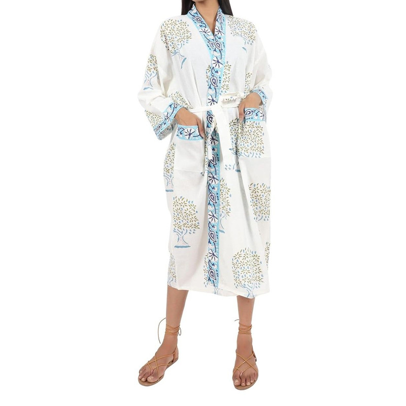 Womens Elegant Hand Block Print Kimono Robe Multifunctional Bathrobe Loungewear Swim CoverUp And Ni 1
