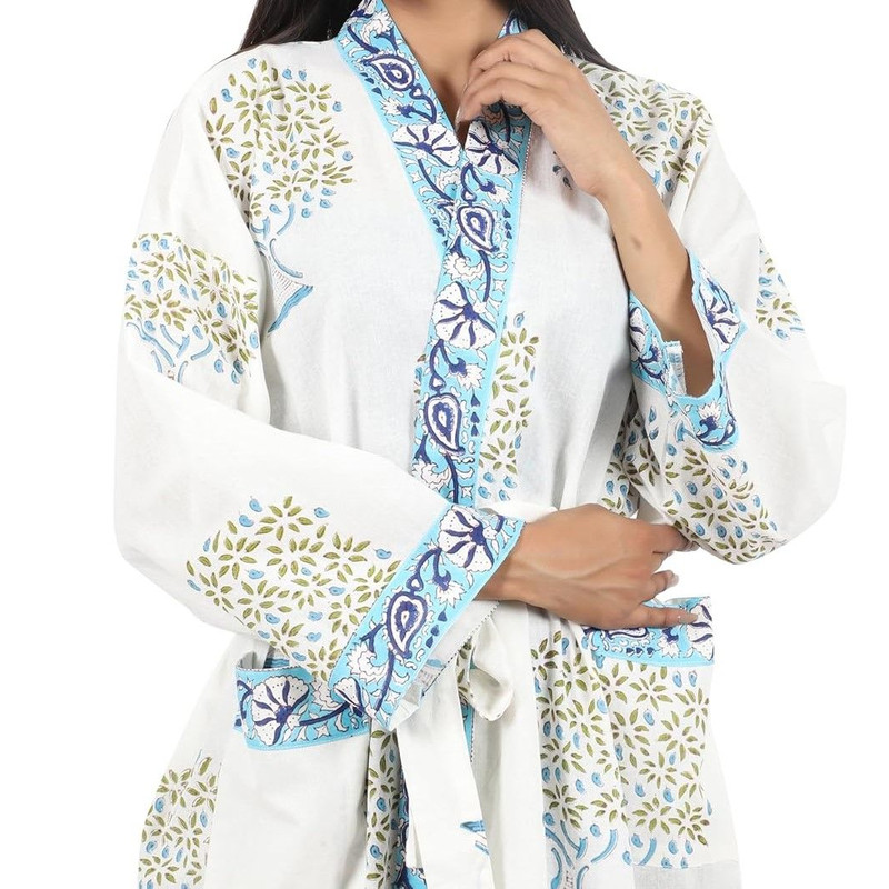 Womens Elegant Hand Block Print Kimono Robe Multifunctional Bathrobe Loungewear Swim CoverUp And Ni 0