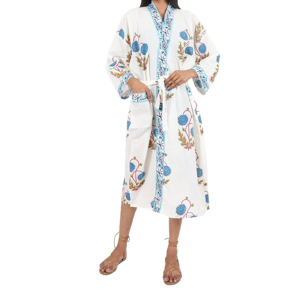Womens Elegant Hand Block Print Kimono Robe Multifunctional Bathrobe Loungewear Swim CoverUp And Ni 1