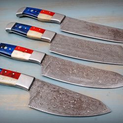 handmade damascus steel kitchen and chef knife set, texas flag patriot chef set