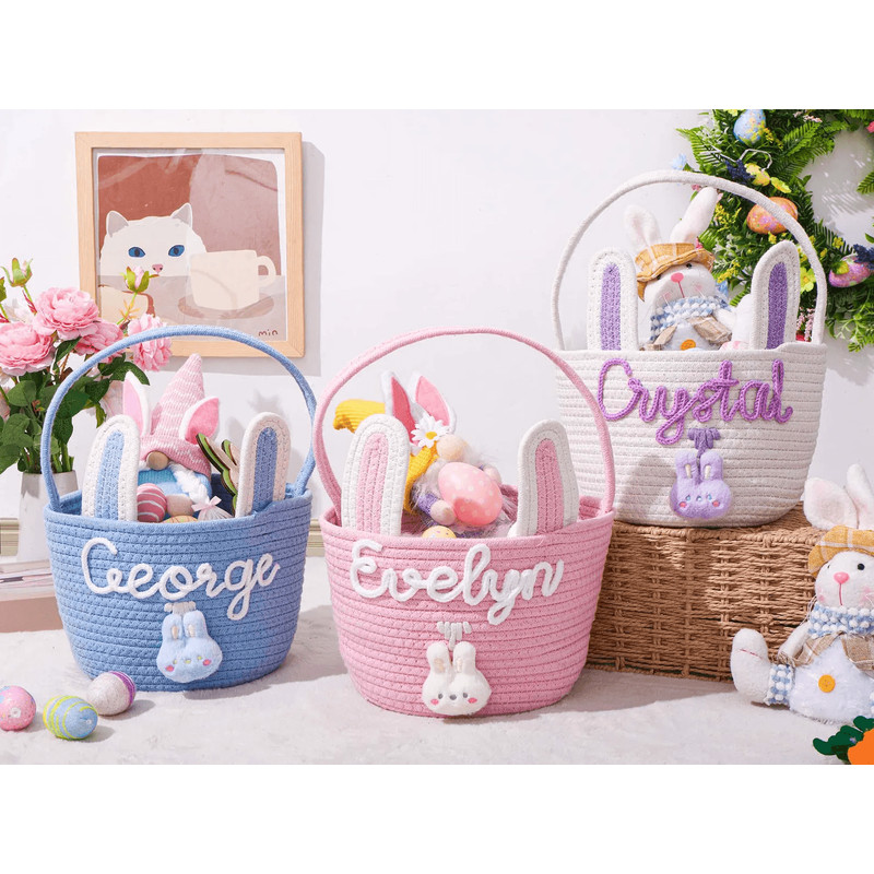 Custom Baby Easter Basket Personalized Bunny Easter Basket Easter Gift Basket For Kid Toddler Cotto 1
