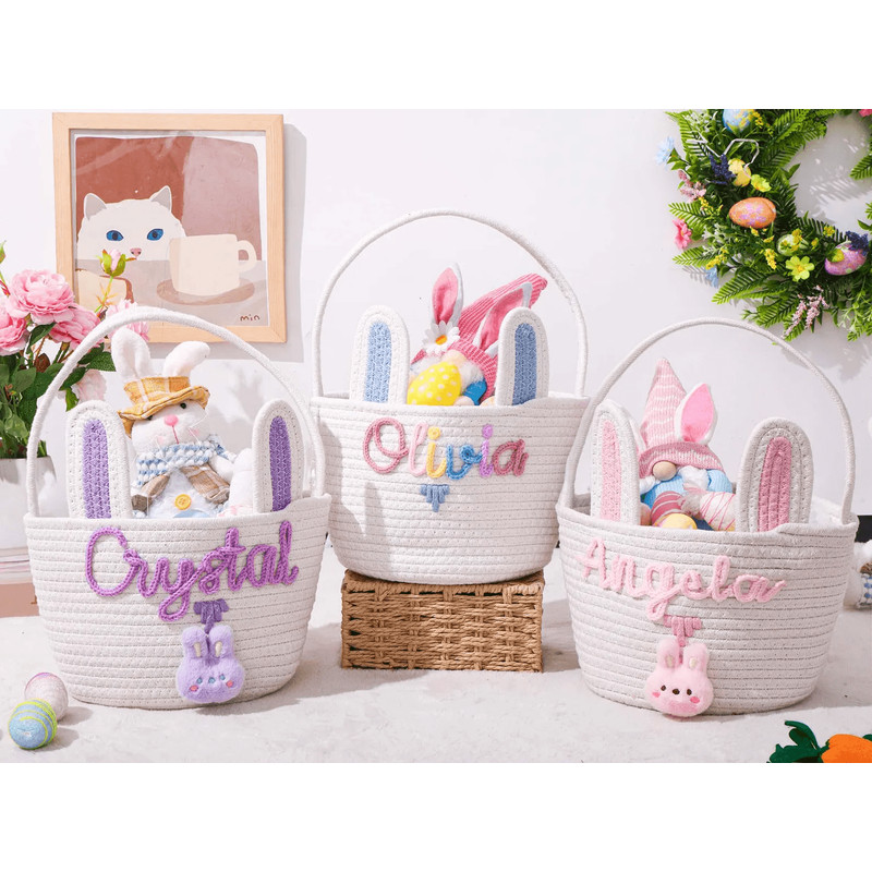 Custom Baby Easter Basket Personalized Bunny Easter Basket Easter Gift Basket For Kid Toddler Cotto 2
