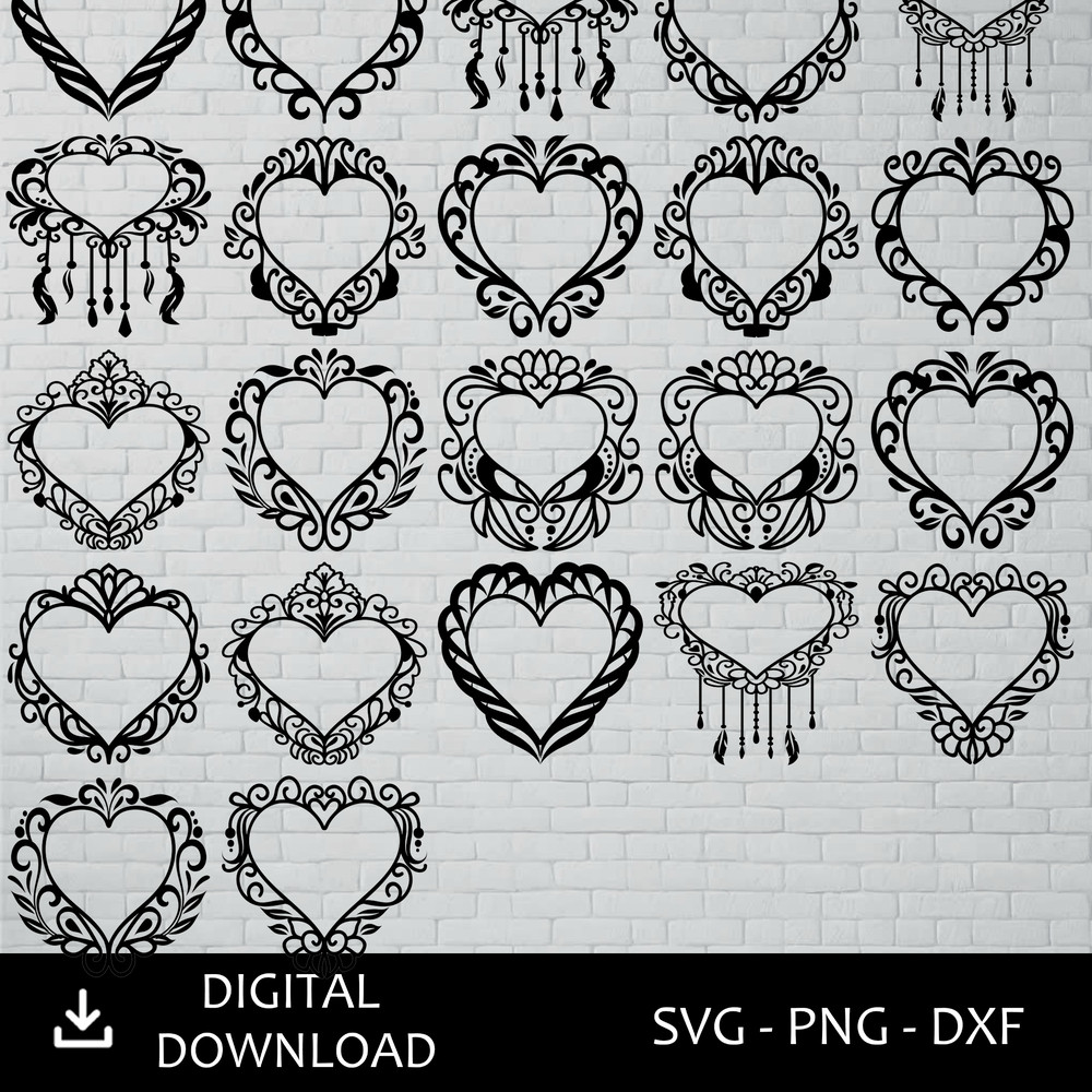 Intricate Floral Heart Frame Vector SVG Bundle Romantic Clipart For Cricut Sublimation 0