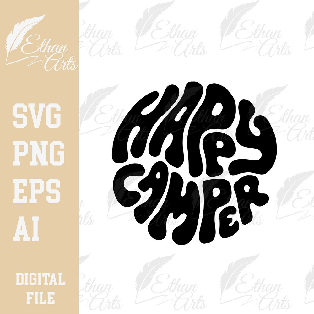 Happy Camper Boho Groovy Style Typography Design SVG PNG Cut File Clip Art Cricut Printable Sticker 0