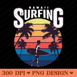 hawaii surfing retro sunset and surfboard design png