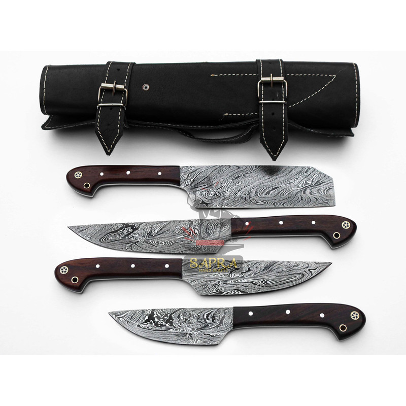 4Piece Handmade Damascus Steel Chef BBQ Knife Set With Leather Roll Bag 0