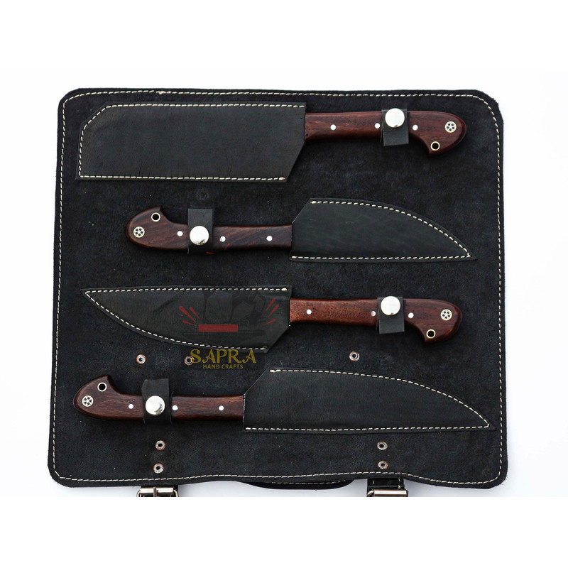 4Piece Handmade Damascus Steel Chef BBQ Knife Set With Leather Roll Bag 4