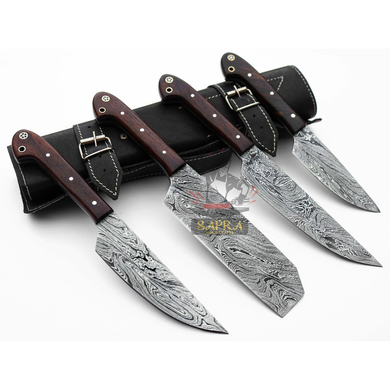 4Piece Handmade Damascus Steel Chef BBQ Knife Set With Leather Roll Bag 2