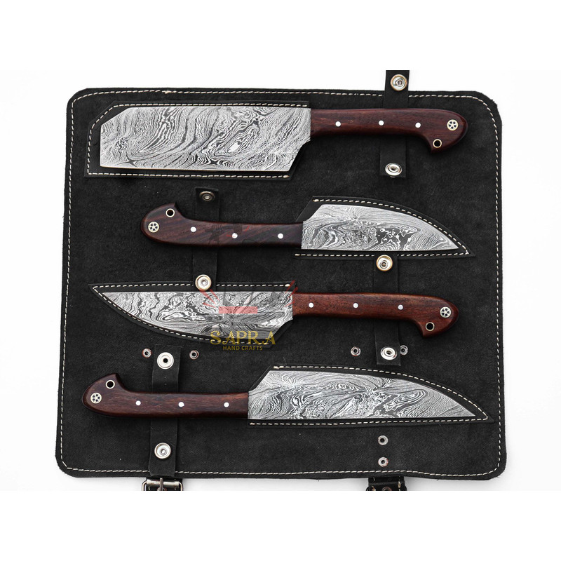 4Piece Handmade Damascus Steel Chef BBQ Knife Set With Leather Roll Bag 1