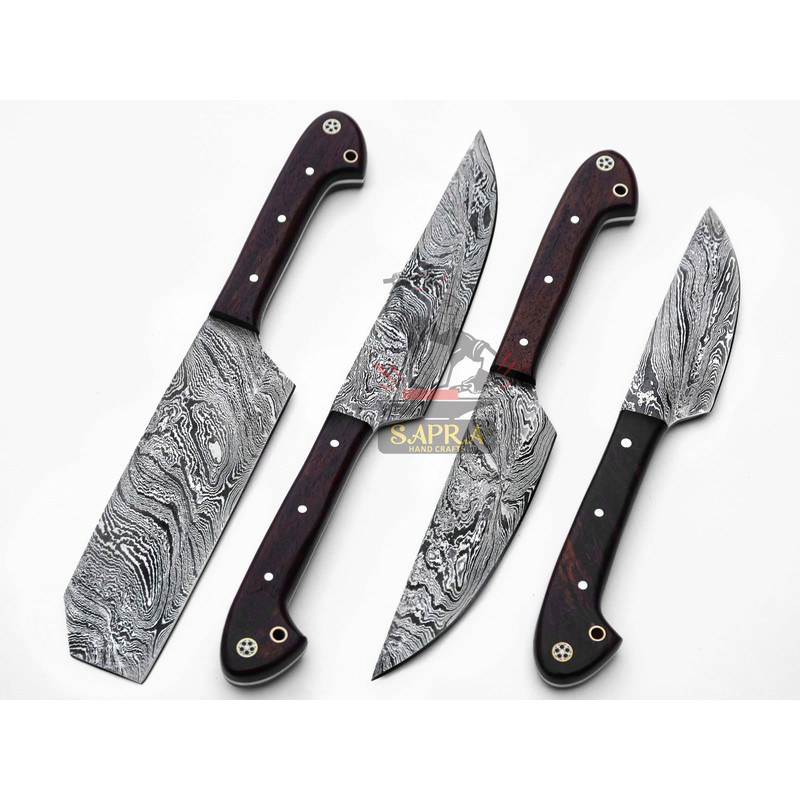 4Piece Handmade Damascus Steel Chef BBQ Knife Set With Leather Roll Bag 5