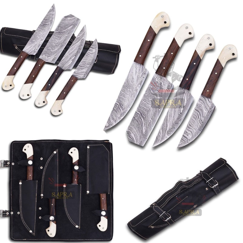 Custom Handmade Damascus Steel Chef Knife Set With Leather Roll Bag 0