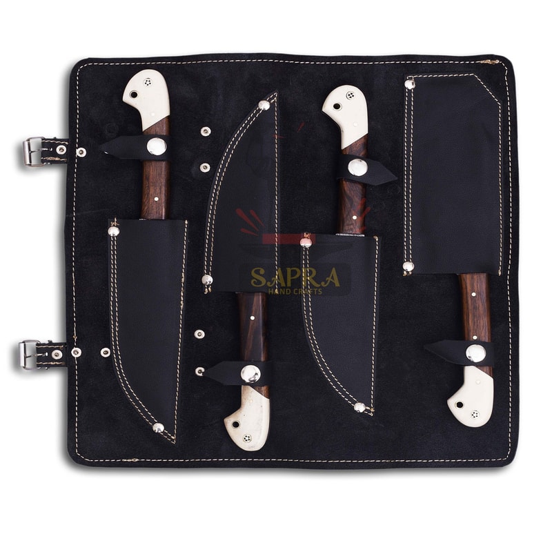 Custom Handmade Damascus Steel Chef Knife Set With Leather Roll Bag 2