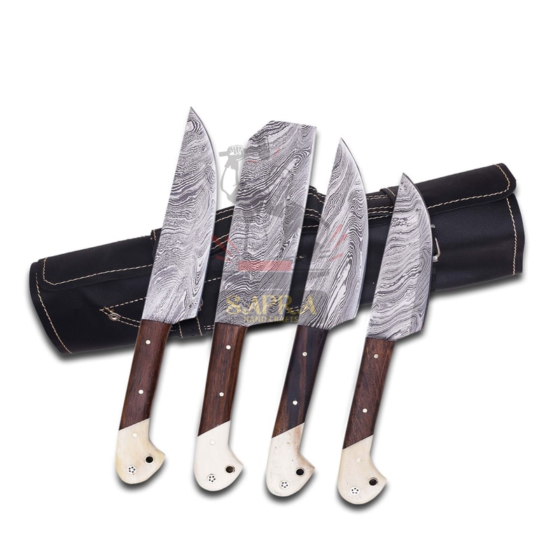 Custom Handmade Damascus Steel Chef Knife Set With Leather Roll Bag 1