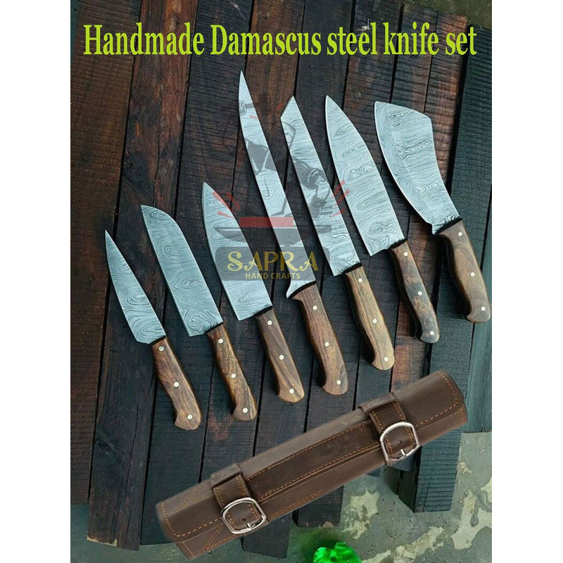Handmade Forged Damascus Steel 7Piece Knife Set With Leather Roll Bag 0