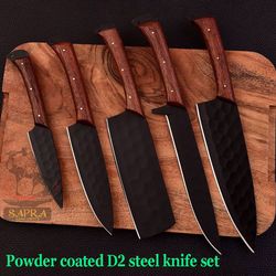 custom handmade powder coated d2 steel 5-piece knife set with leather roll bag
