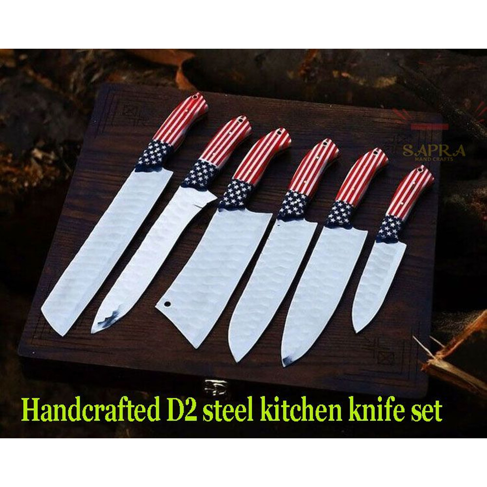 Handcrafted D2 Steel Best Kitchen Knives Set With Leather Roll Carry Bag 0